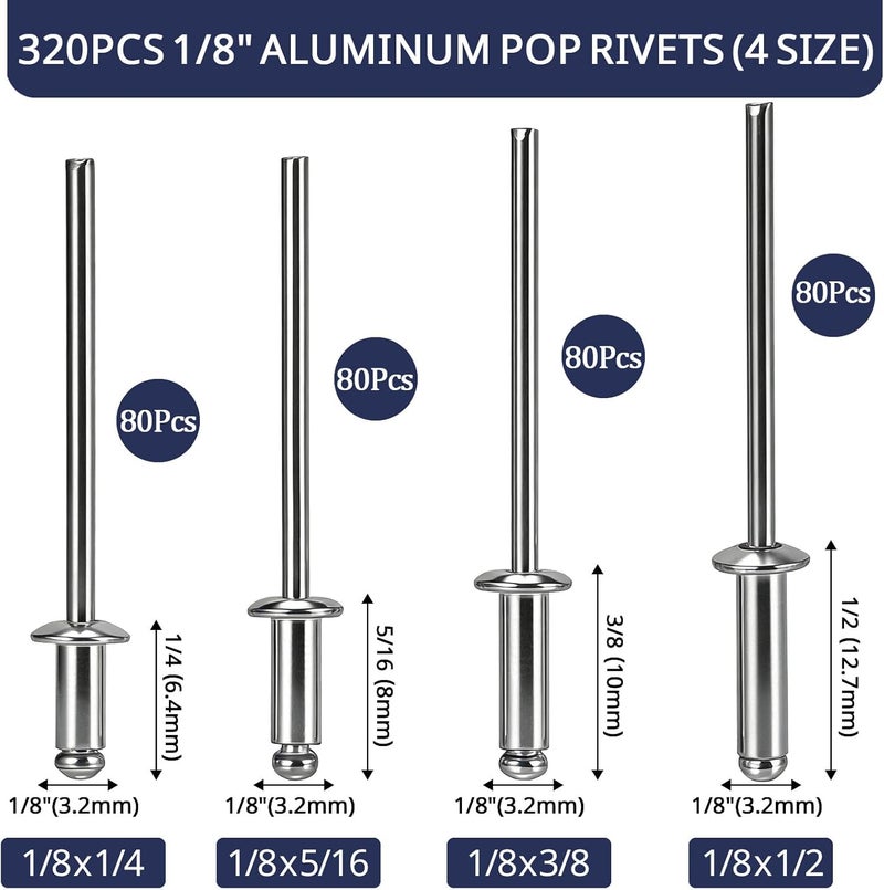 ZQZ طقم مسامير ريفيت 320 قطعة بحجم 1/8 بوصة - 4 أحجام من مسامير الألمنيوم (1/8" × 1/4"، 1/8" × 5/16"، 1/8" × 3/8"، 1/8" × 1/2")، مسامير ريفيت عمياء لرأس القبة المعدنية - Image 2